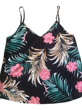 Source Unknown Black Tropical Floral Tank Top with Pink Flowers